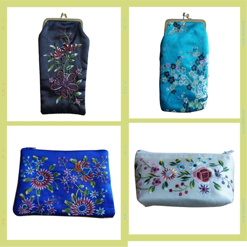 Vintage Silk Embroidered Pouch Coin Purse Floral Zip or Kiss Lock Set of 4